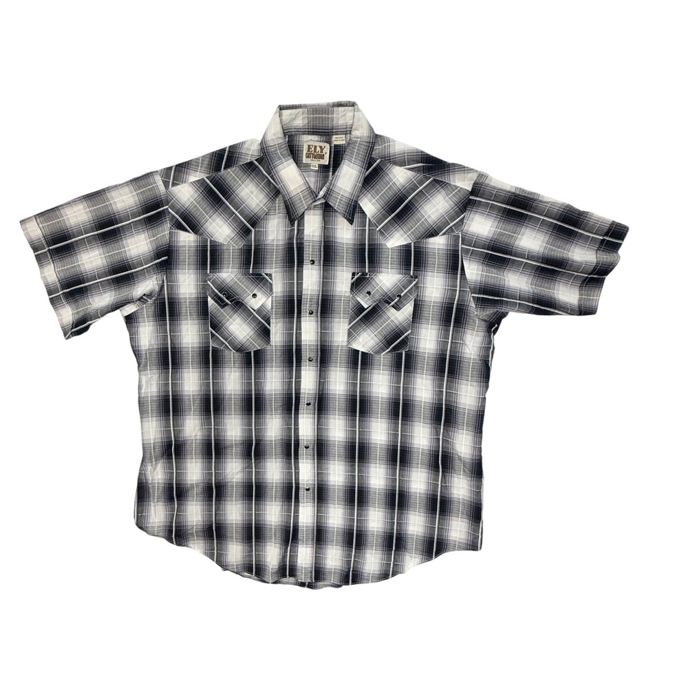 Ely Cattleman Mens XXL Black White Plaid Short Sleeve Western Pearl Snap Shirt